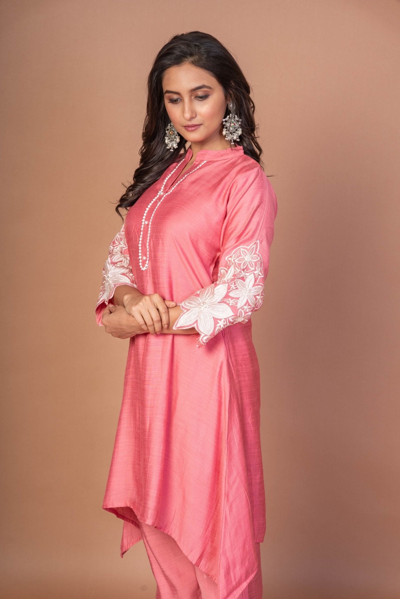 Pink Silk Co - ord Set with Embroidered Work - Anvi Couture