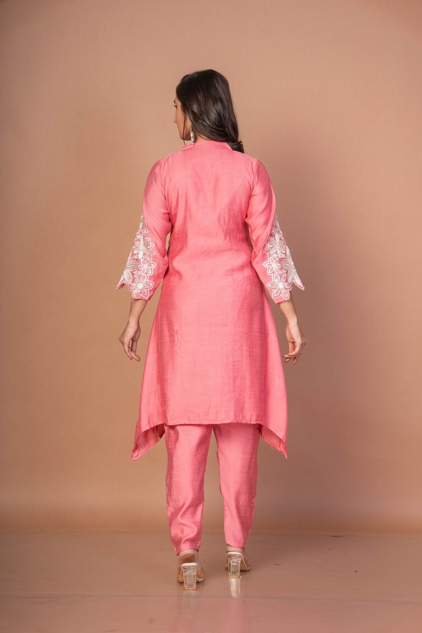 Pink Silk Co - ord Set with Embroidered Work - Anvi Couture
