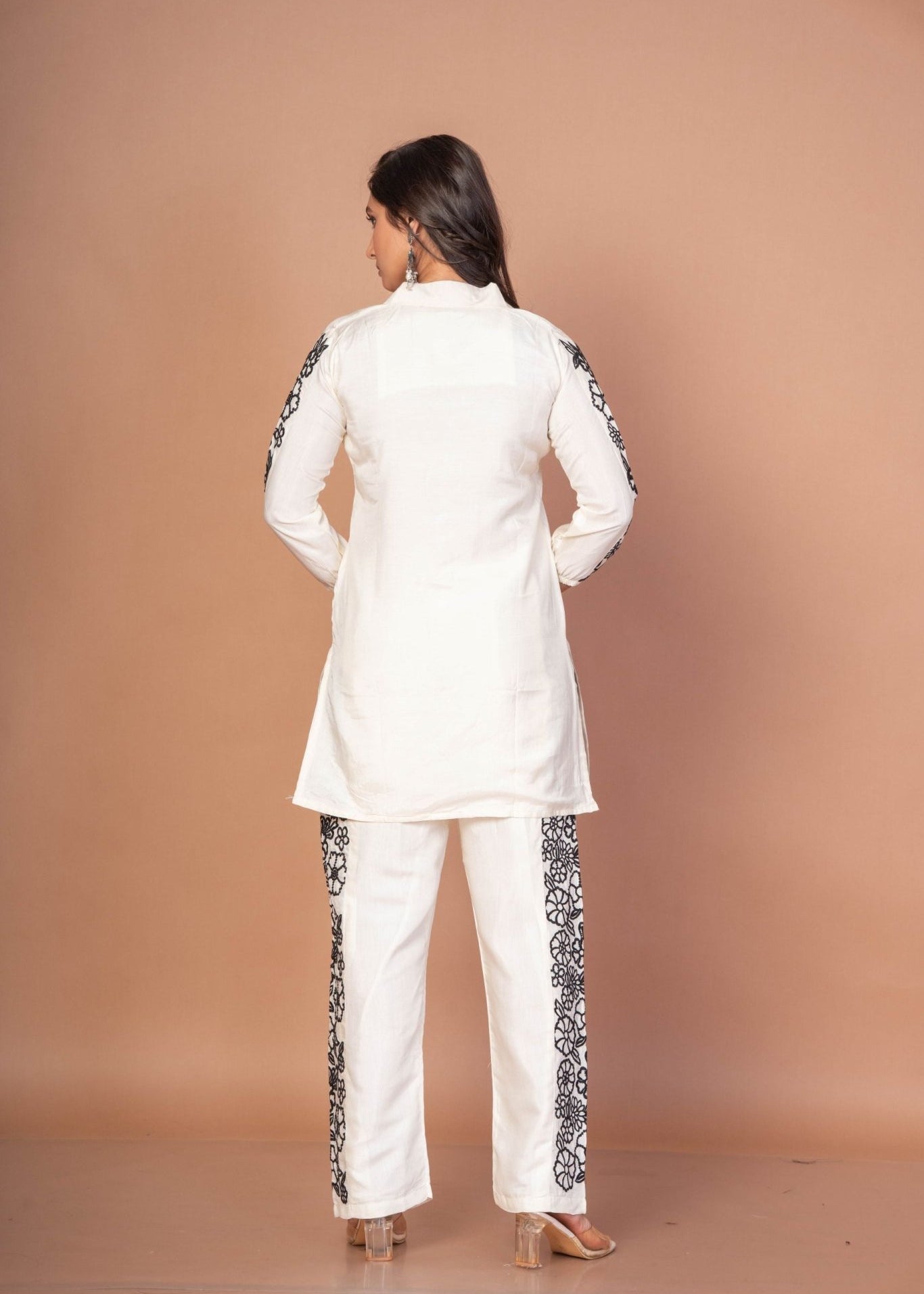 White Co - ordset with Black Thread Embroidered Work - Anvi Couture
