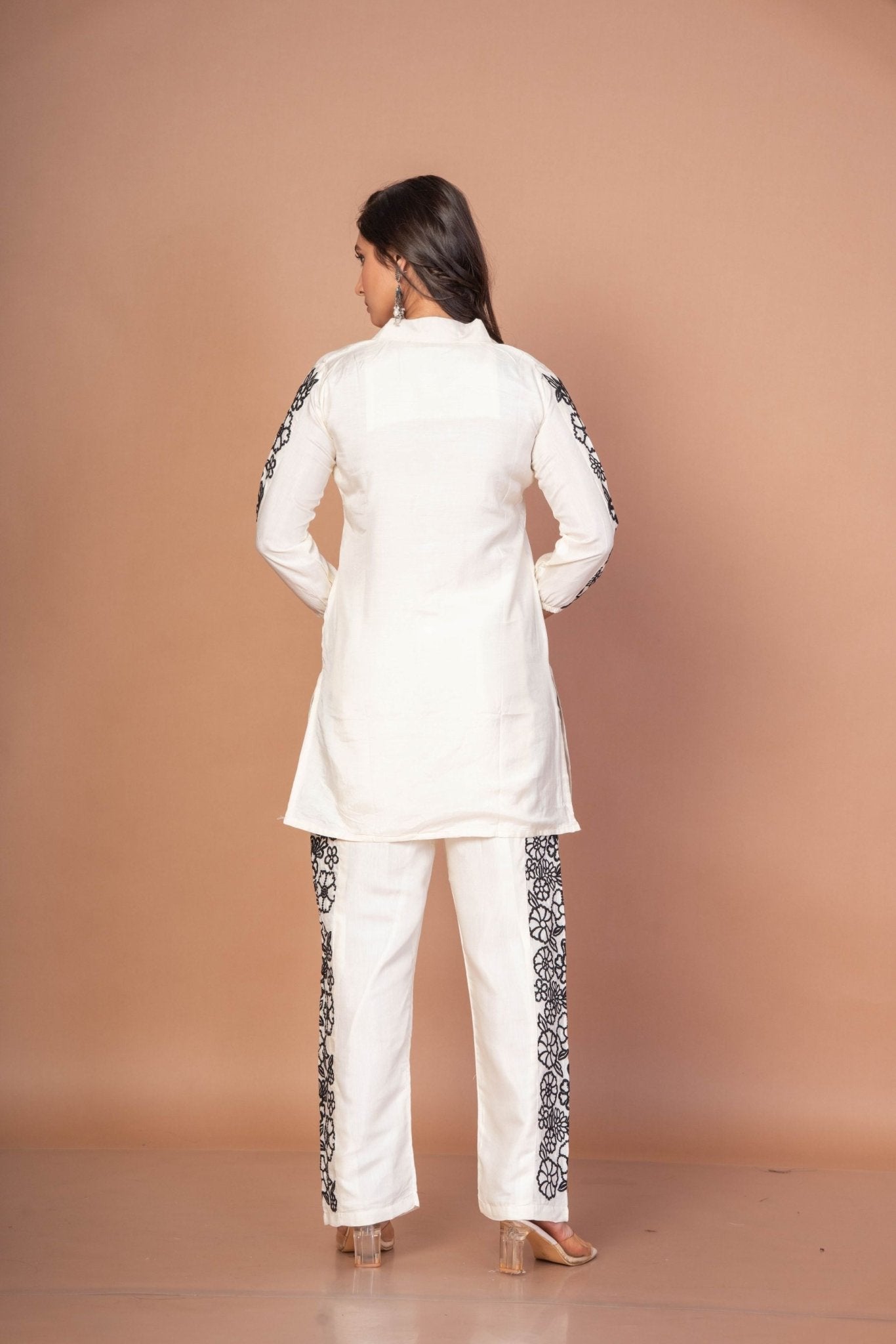 White Co - ordset with Black Thread Embroidered Work - Anvi Couture