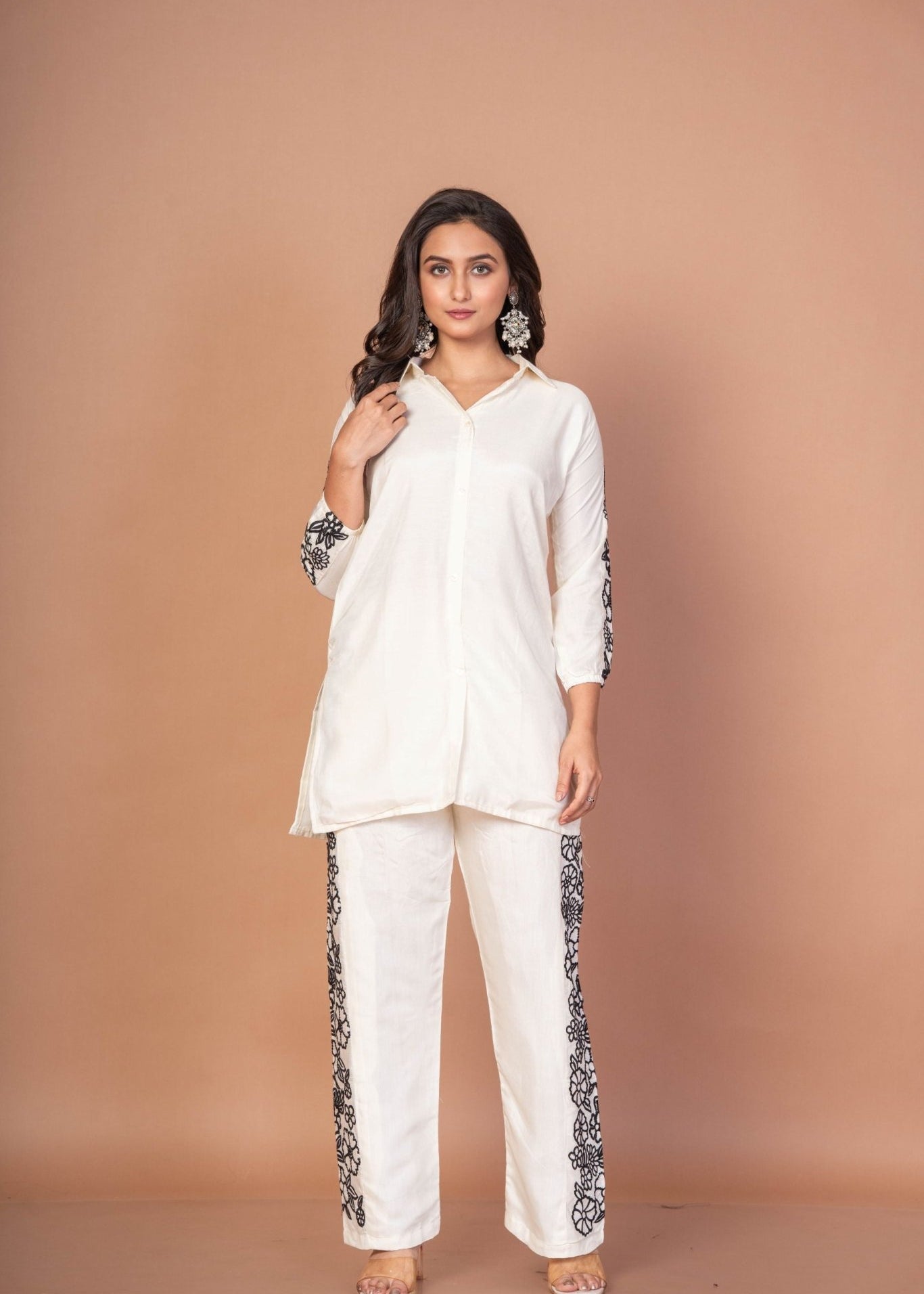 White Co - ordset with Black Thread Embroidered Work - Anvi Couture