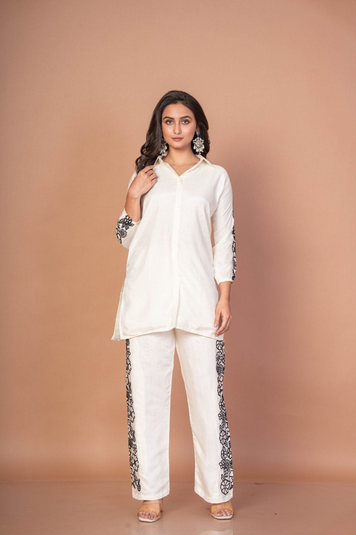 White Co - ordset with Black Thread Embroidered Work - Anvi Couture