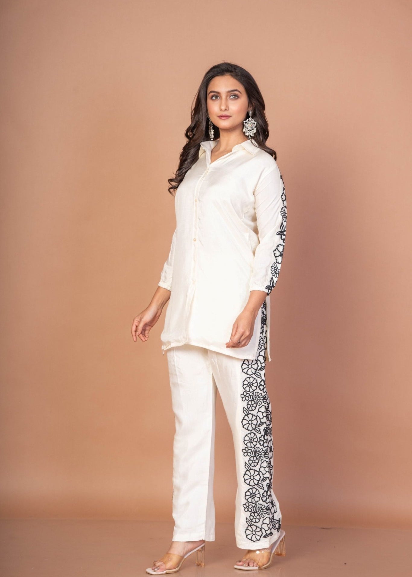 White Co - ordset with Black Thread Embroidered Work - Anvi Couture