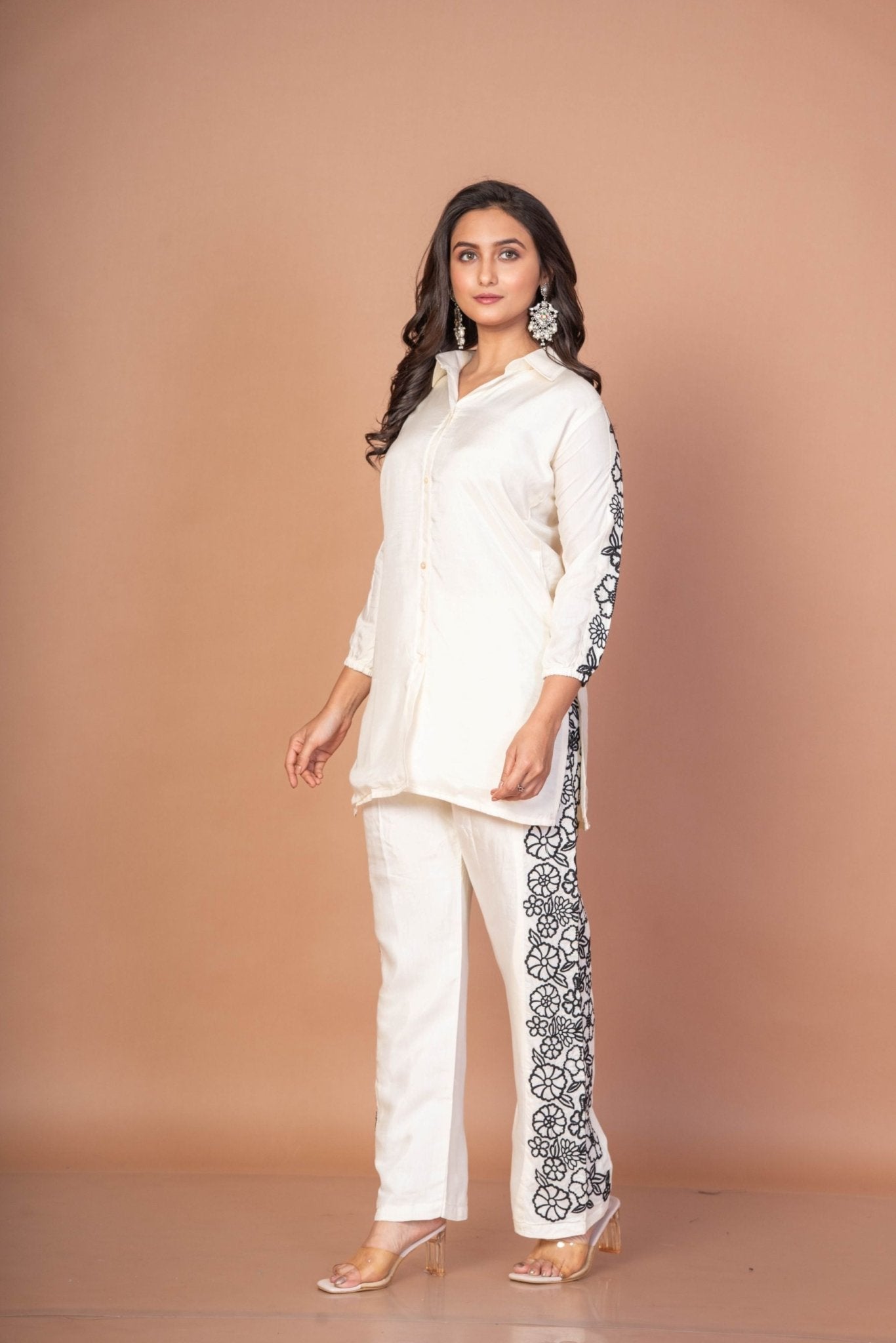White Co - ordset with Black Thread Embroidered Work - Anvi Couture