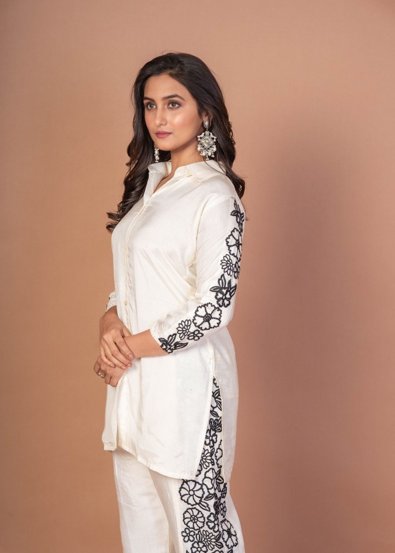 White Co - ordset with Black Thread Embroidered Work - Anvi Couture