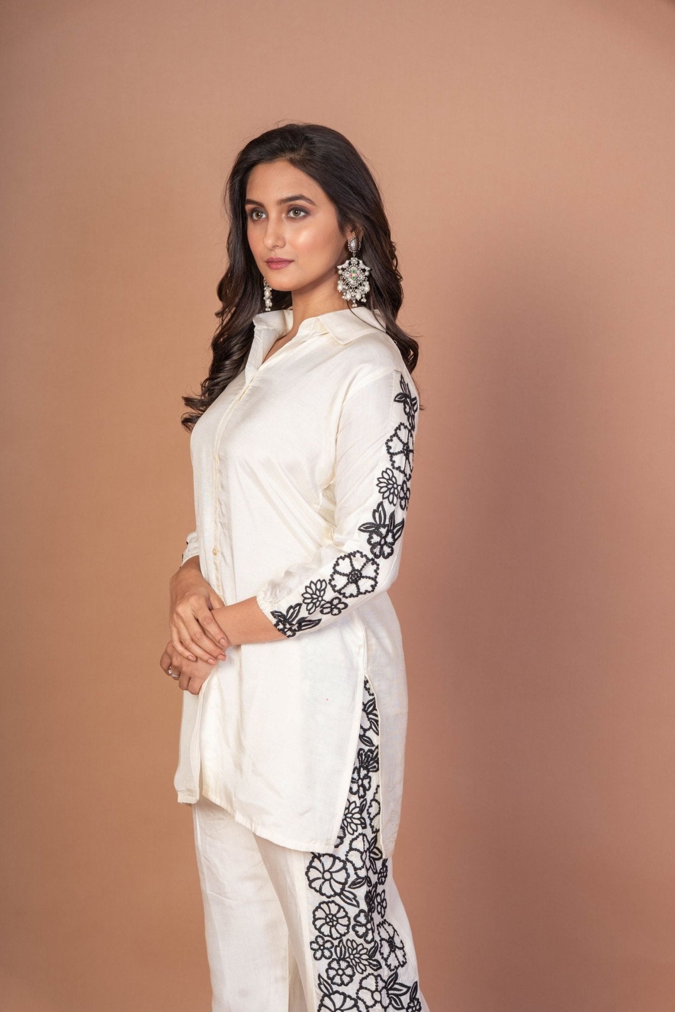 White Co - ordset with Black Thread Embroidered Work - Anvi Couture