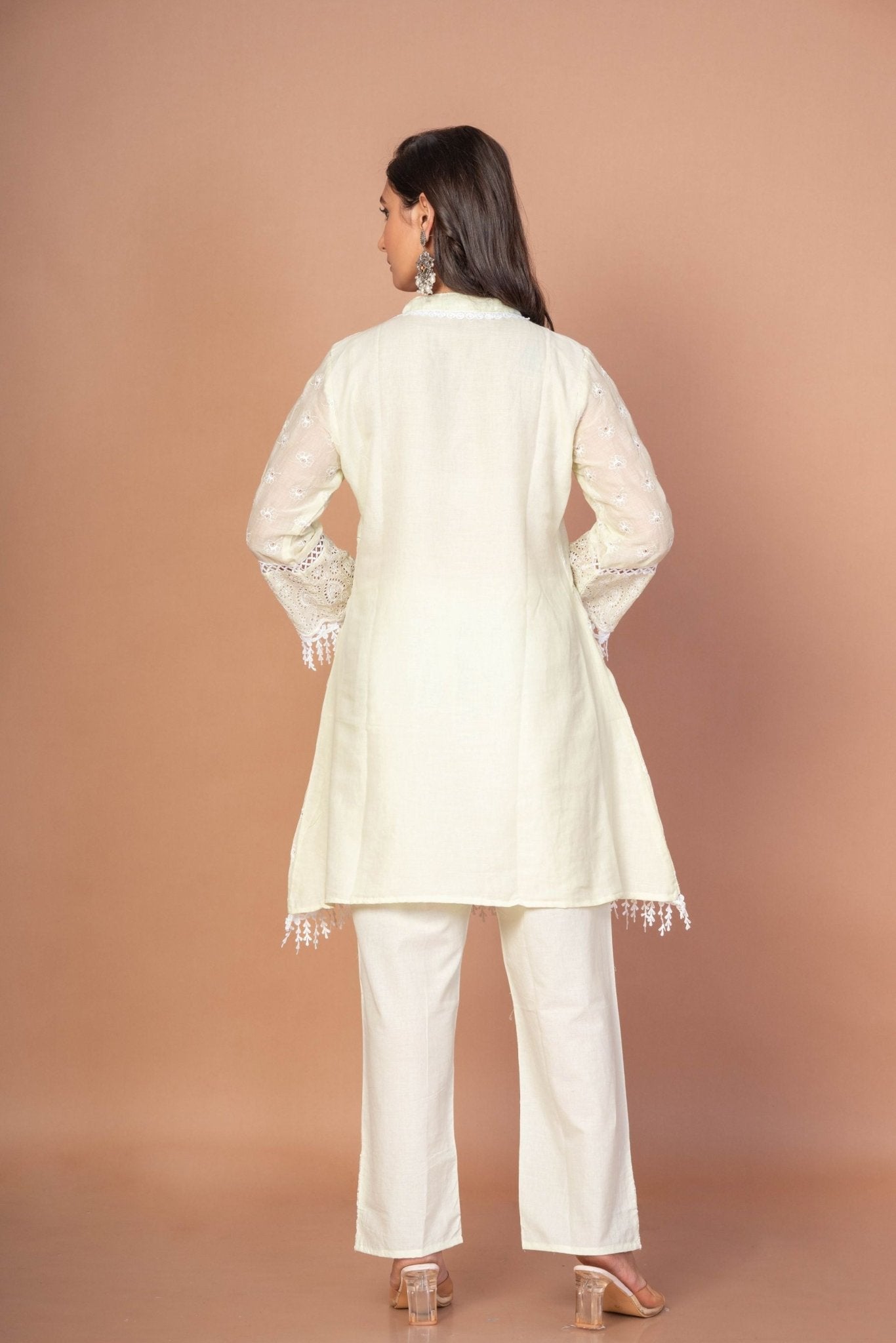 Sea Green Cotton Co - Ord Set With Embroidered and Lace Work - Anvi Couture
