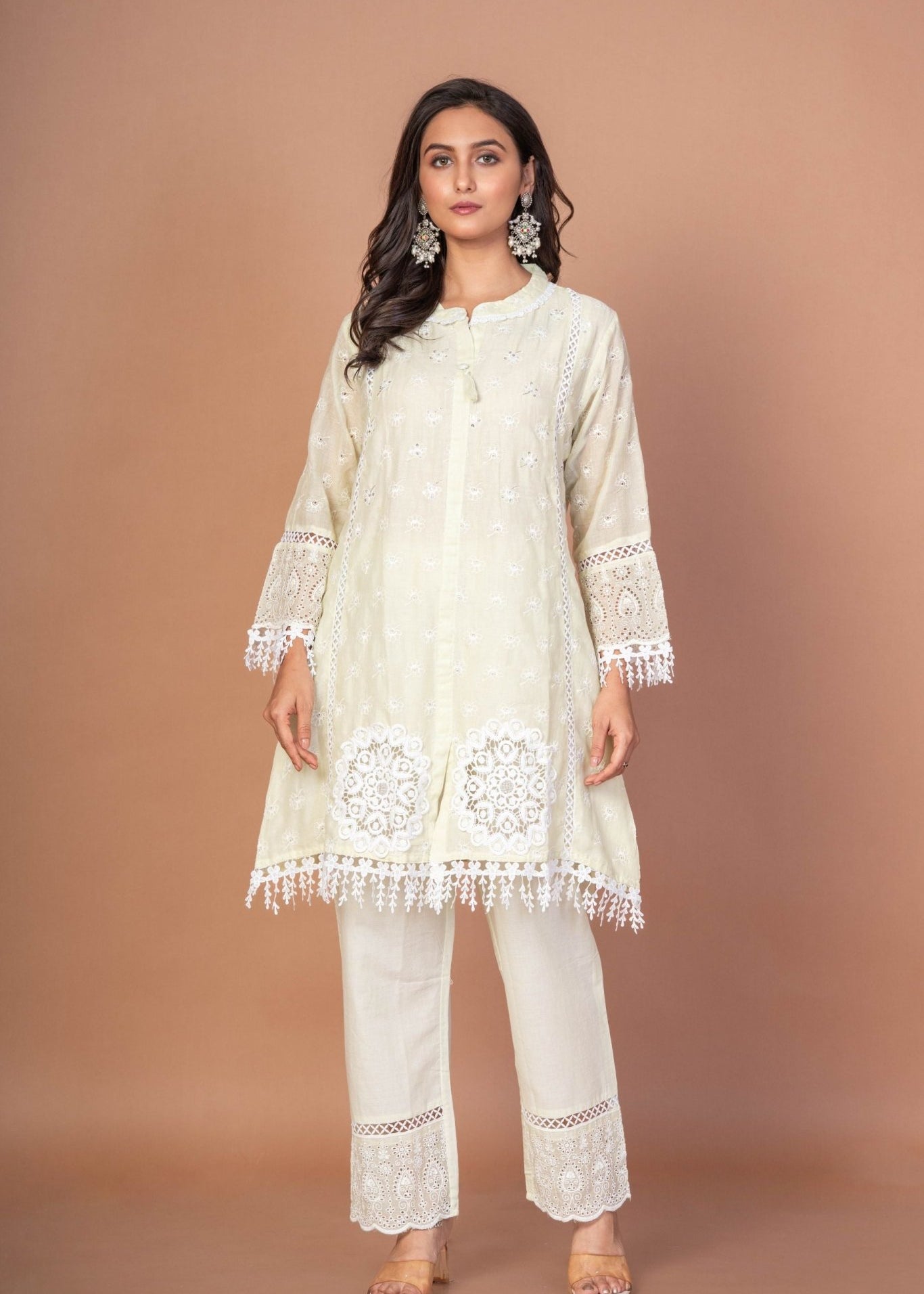Sea Green Cotton Co - Ord Set With Embroidered and Lace Work - Anvi Couture
