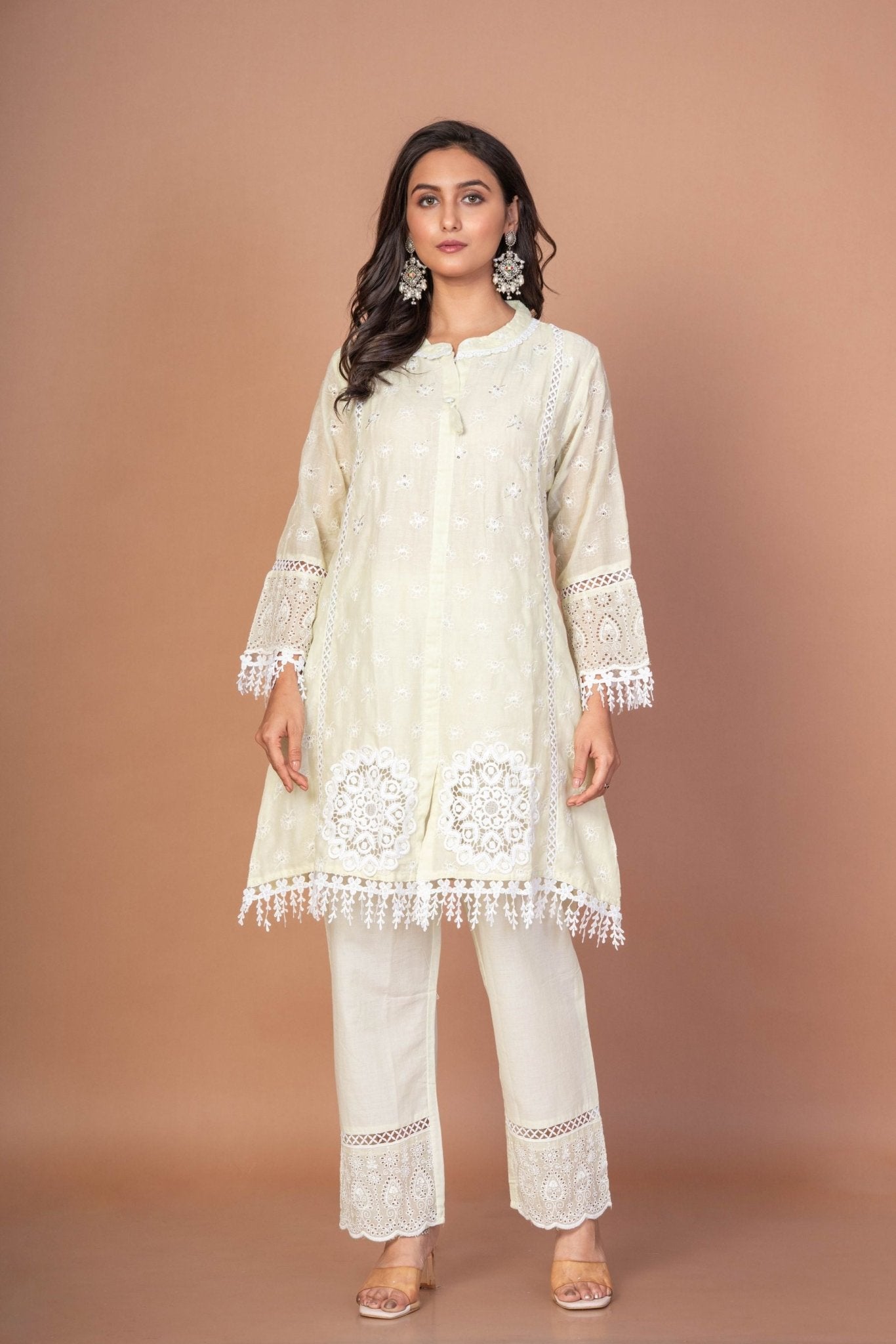 Sea Green Cotton Co - Ord Set With Embroidered and Lace Work - Anvi Couture