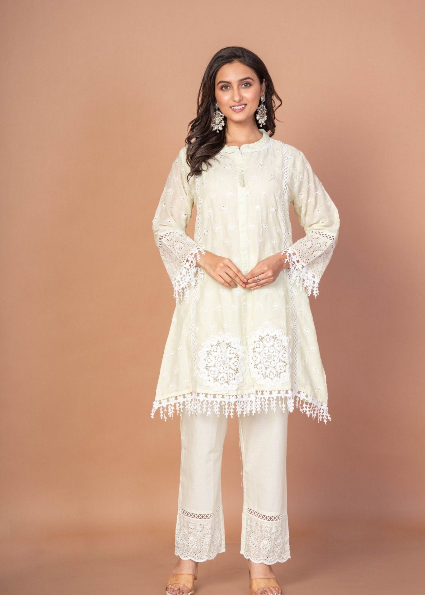 Sea Green Cotton Co - Ord Set With Embroidered and Lace Work - Anvi Couture