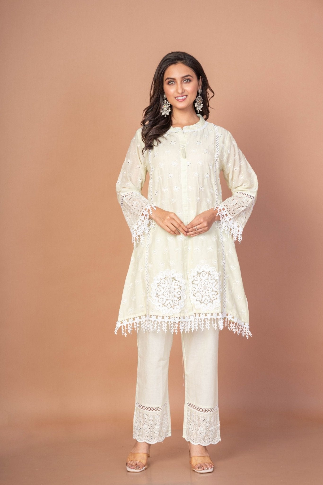 Sea Green Cotton Co - Ord Set With Embroidered and Lace Work - Anvi Couture