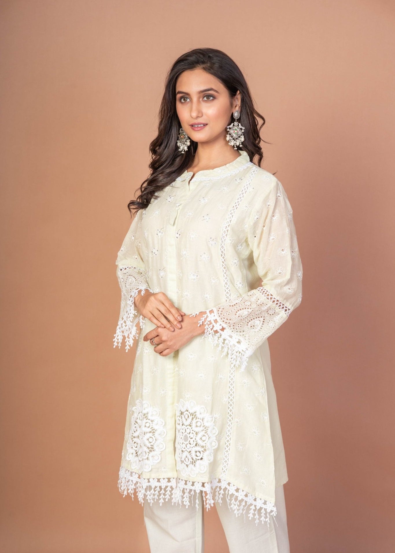 Sea Green Cotton Co - Ord Set With Embroidered and Lace Work - Anvi Couture