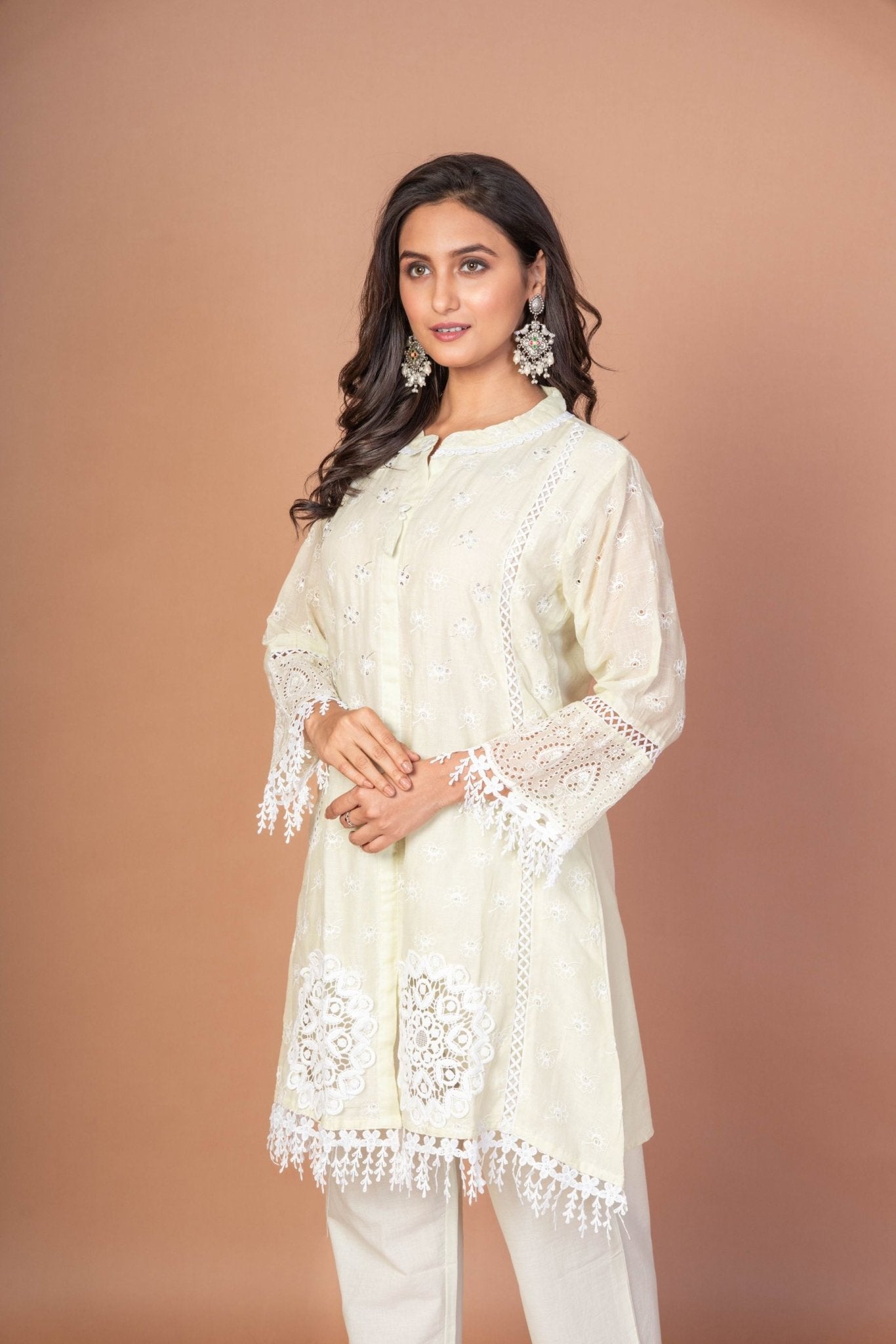 Sea Green Cotton Co - Ord Set With Embroidered and Lace Work - Anvi Couture