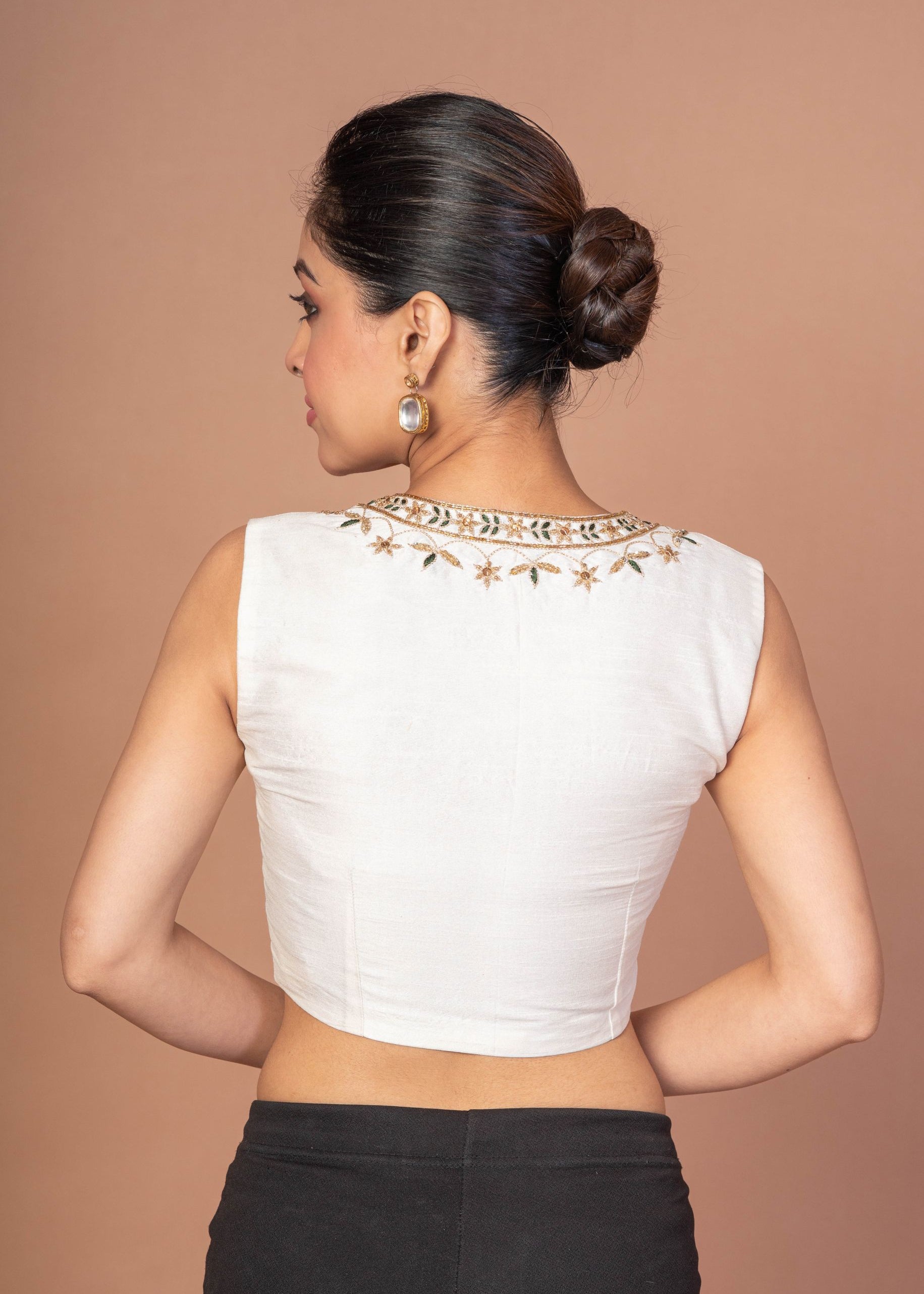 White  Raw Silk U Neckline Blouse With Hand Embroidered Work img 3