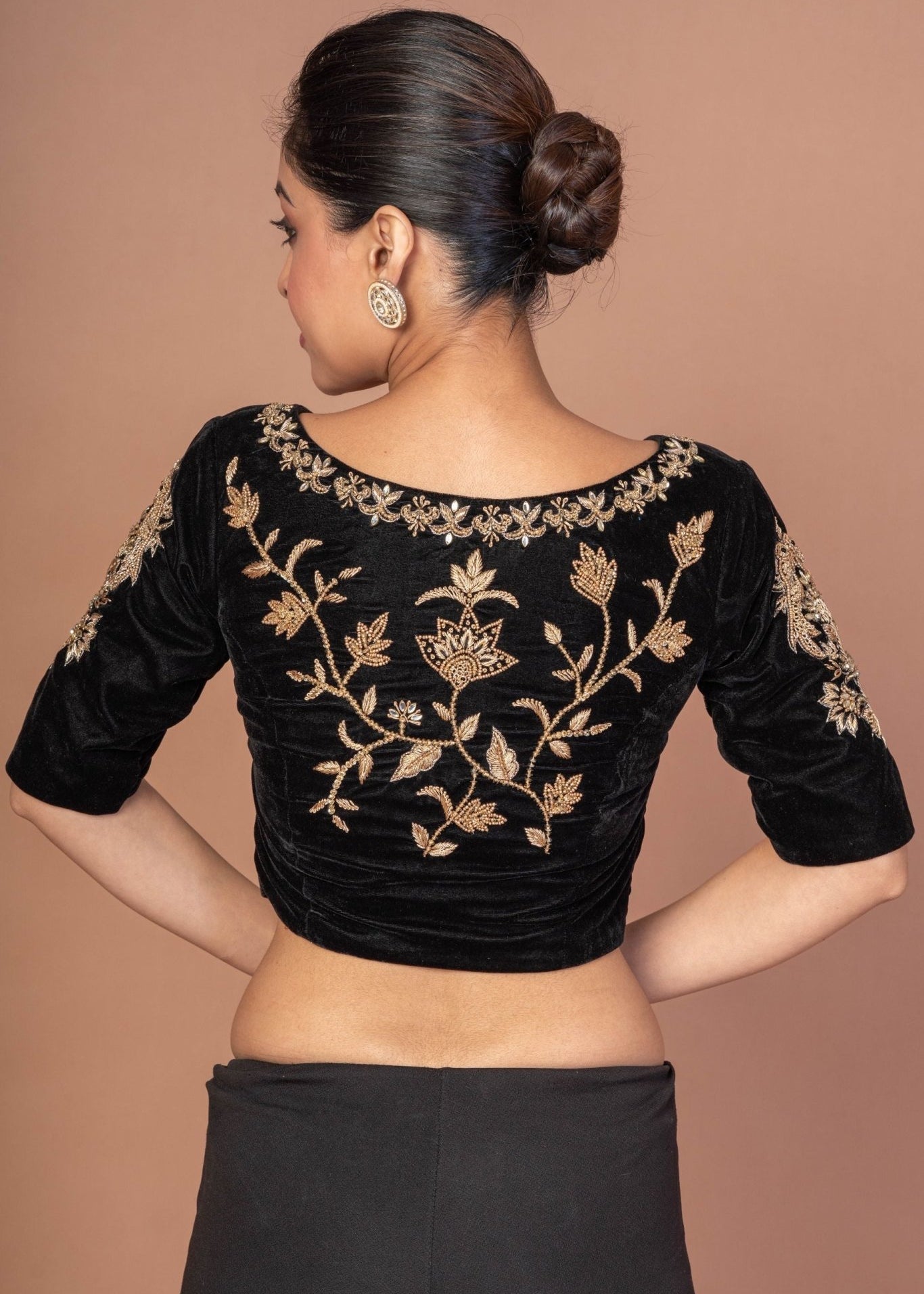 Black Velvet Hand Embroidered Work Blouse - Anvi Couture