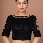 Black Velvet Hand Embroidered Work Blouse - Anvi Couture