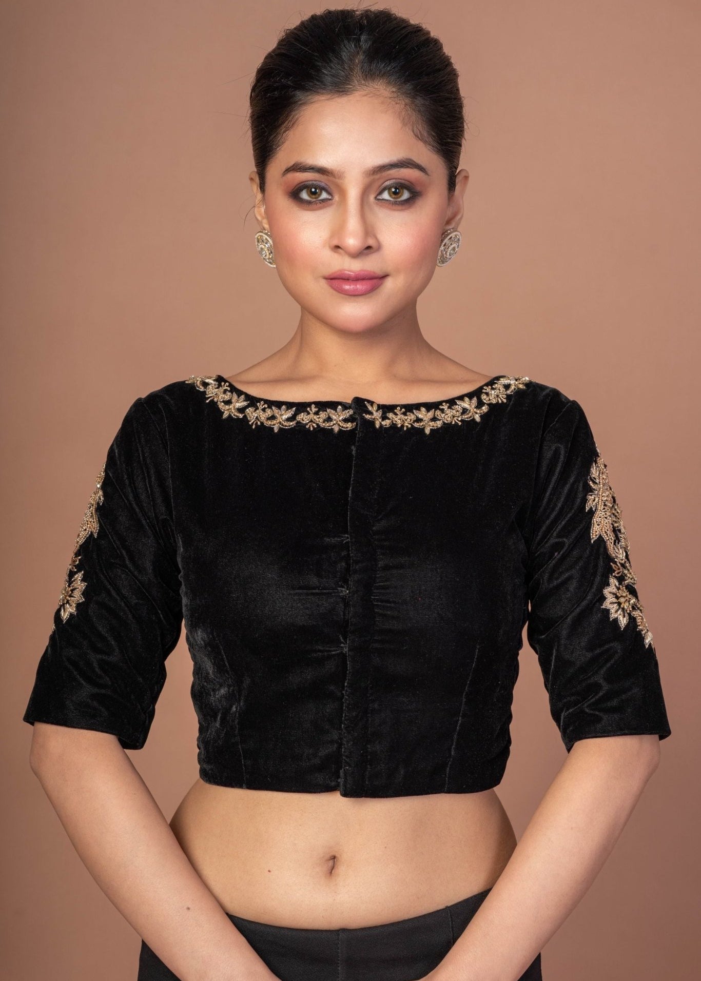 Black Velvet Hand Embroidered Work Blouse - Anvi Couture