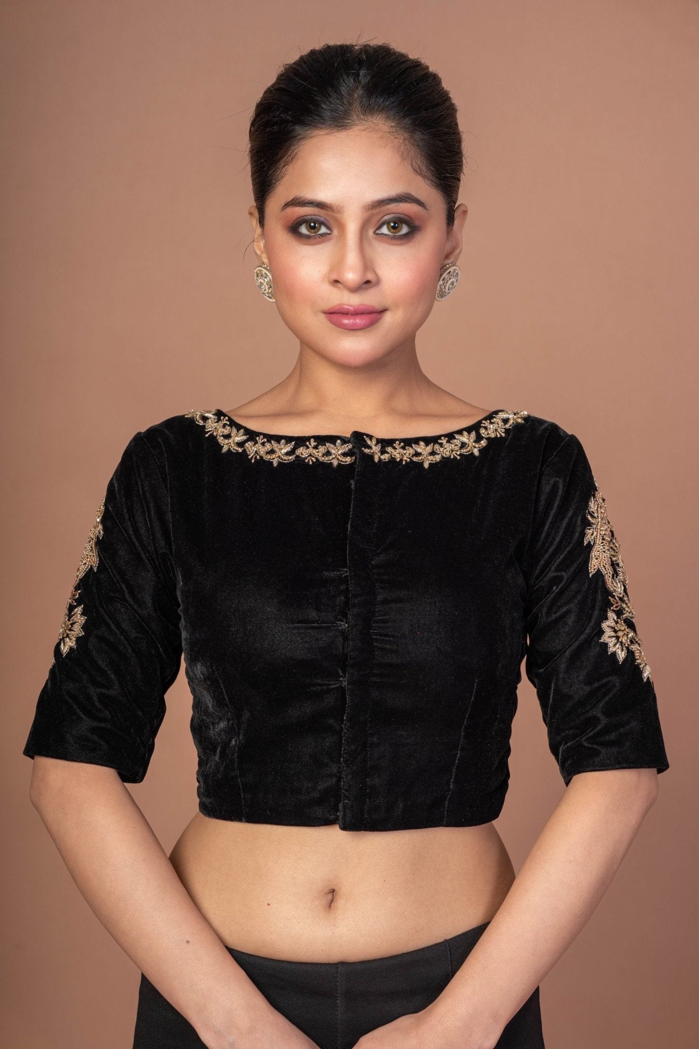 Black Velvet Hand Embroidered Work Blouse - Anvi Couture