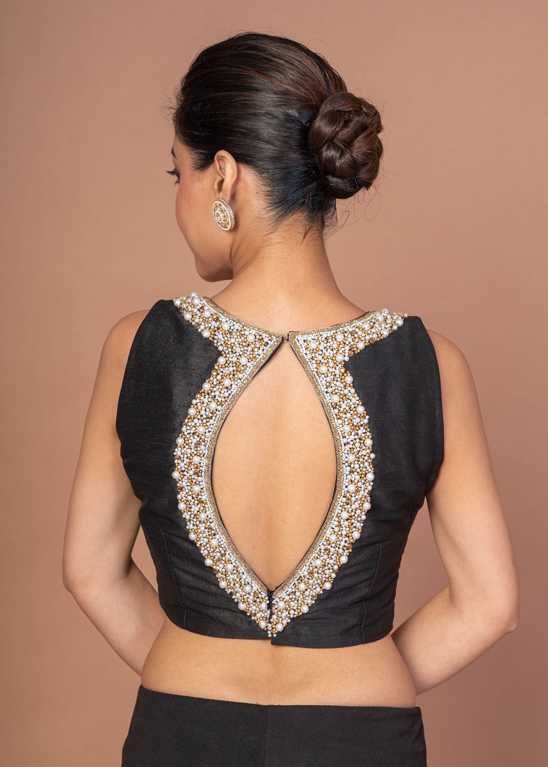 Black Raw Silk Blouse With Pearl Embroidered Work With Matka Neckline
 img 3