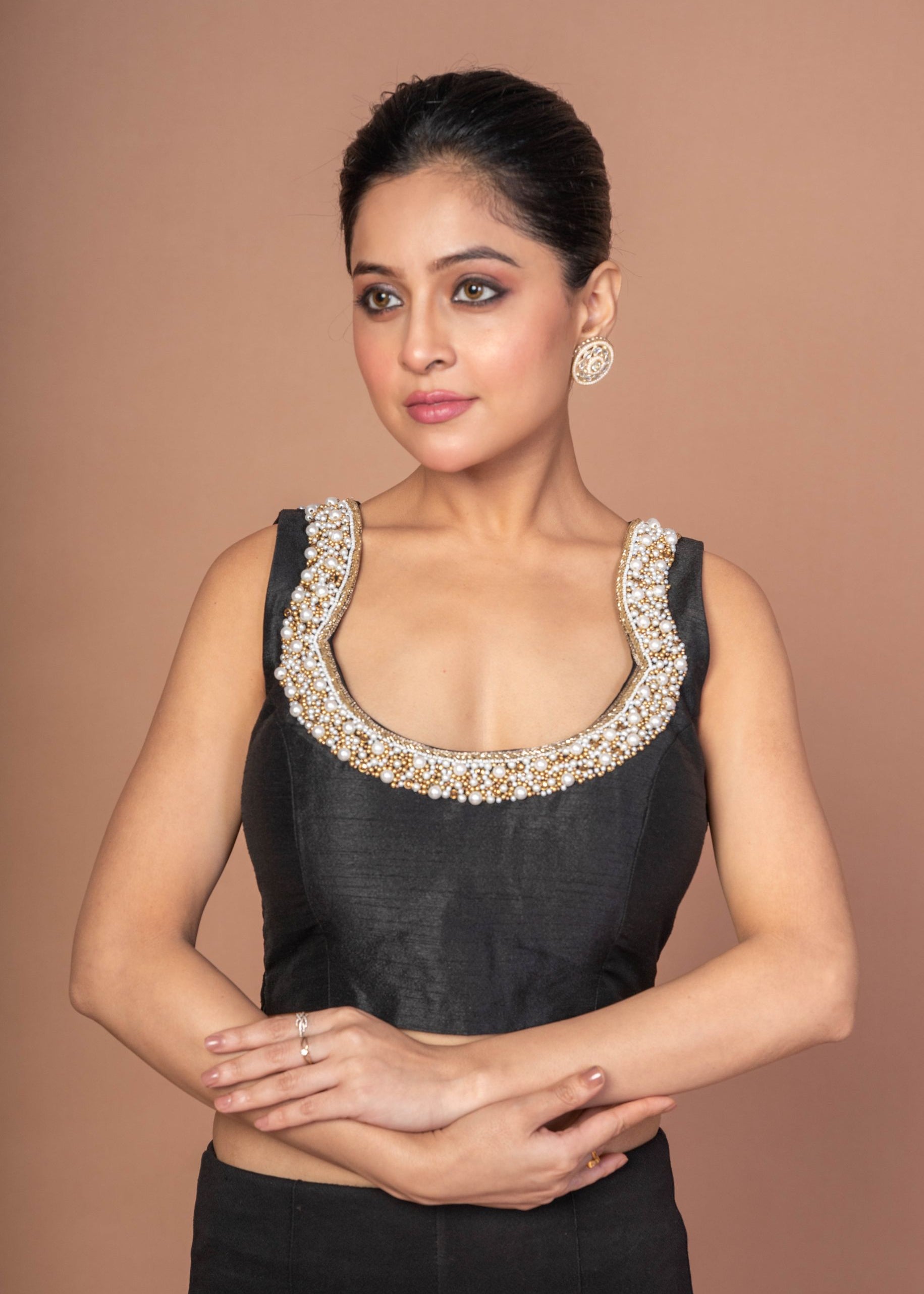 Black Raw Silk Blouse With Pearl Embroidered Work With Matka Neckline
 img 1