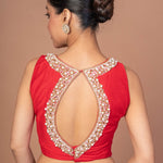 Red Raw Silk Blouse With Pearl Embroidered Work With Matka Neckline - Anvi Couture