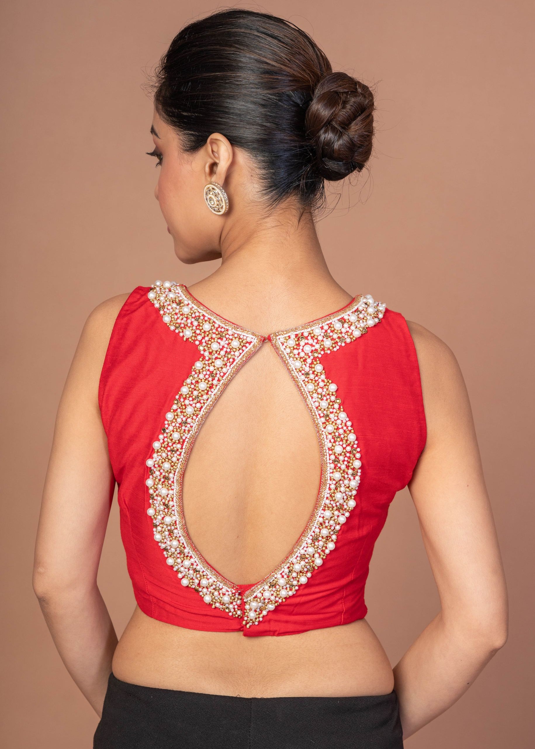  Red Raw Silk Blouse With Pearl Embroidered Work With Matka Neckline img 3