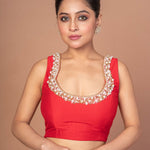 Red Raw Silk Blouse With Pearl Embroidered Work With Matka Neckline - Anvi Couture