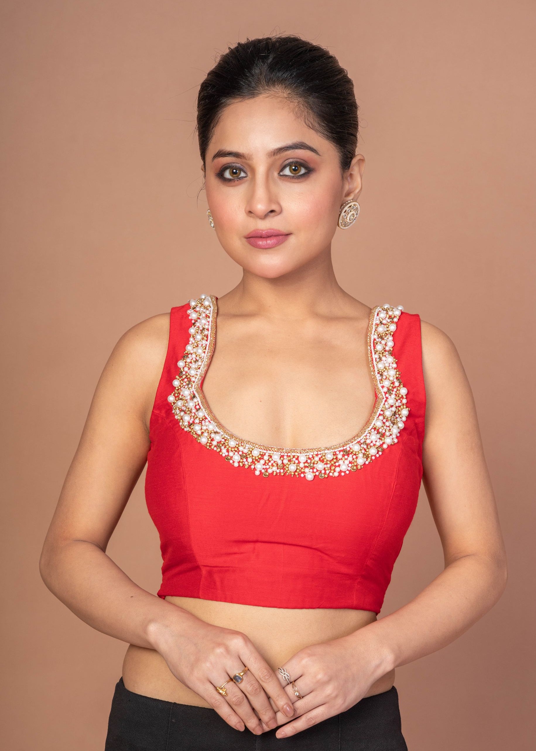  Red Raw Silk Blouse With Pearl Embroidered Work With Matka Neckline img 1