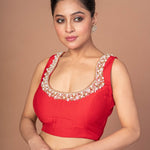 Red Raw Silk Blouse With Pearl Embroidered Work With Matka Neckline - Anvi Couture