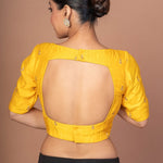 Yellow Raw Silk Blouse With Boat Neckline and Gold Floral Work - Anvi Couture