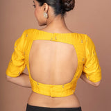 Yellow Raw Silk Blouse With Boat Neckline and Gold Floral Work - Anvi Couture