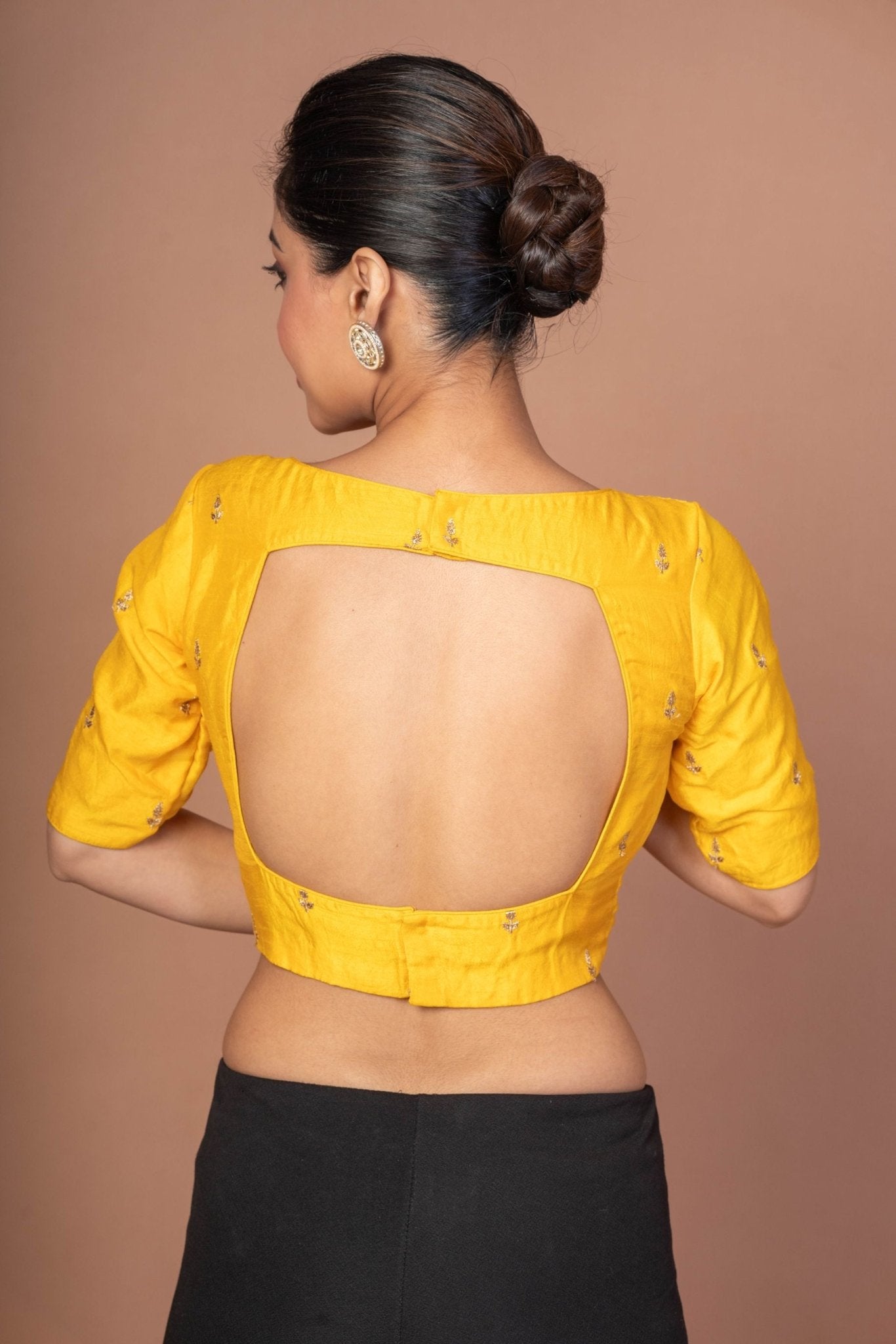 Yellow Raw Silk Blouse With Boat Neckline and Gold Floral Work - Anvi Couture