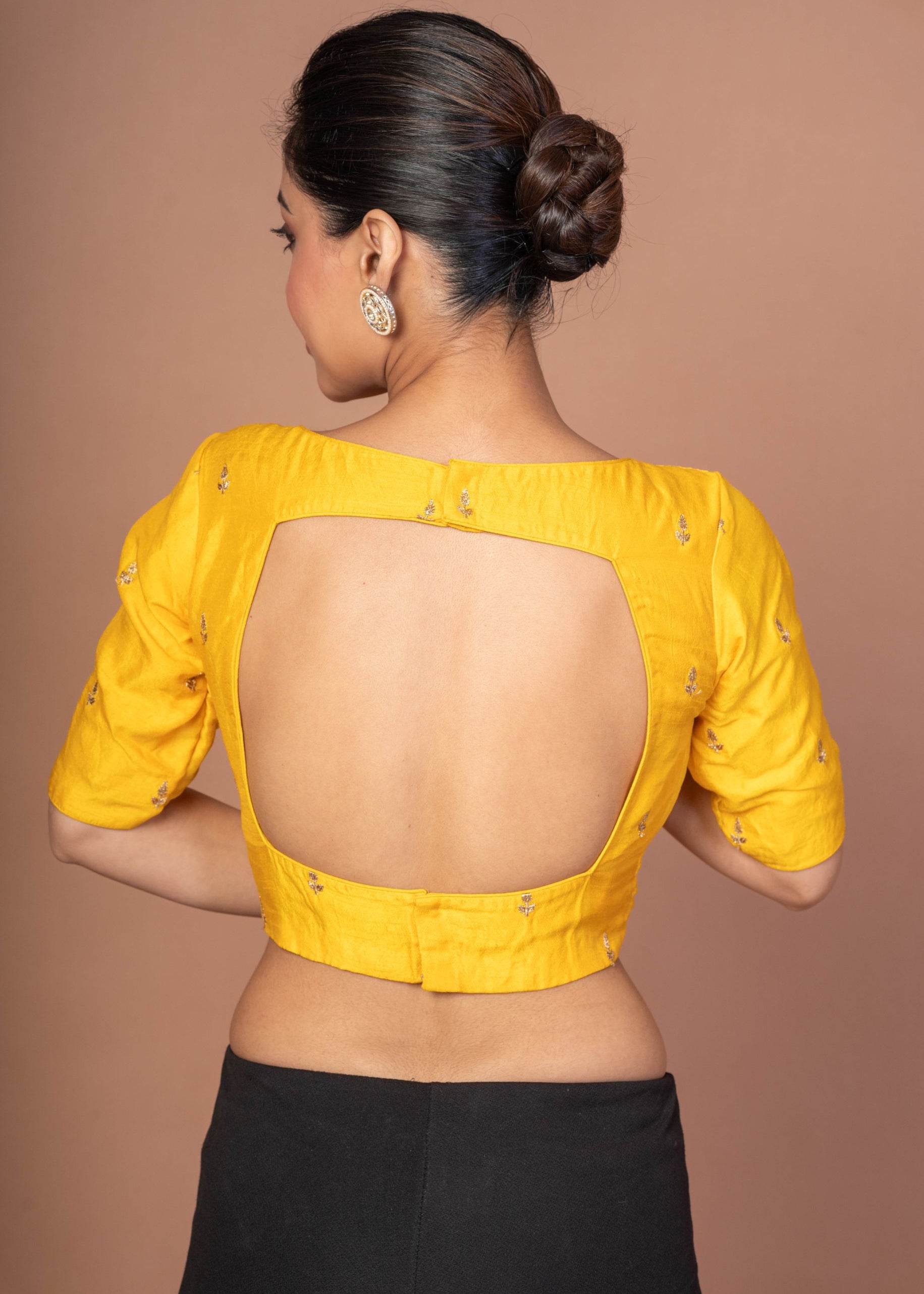  Yellow Raw Silk Blouse With Boat Neckline and Gold Floral Work img 4
