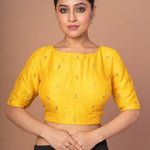 Yellow Raw Silk Blouse With Boat Neckline and Gold Floral Work - Anvi Couture
