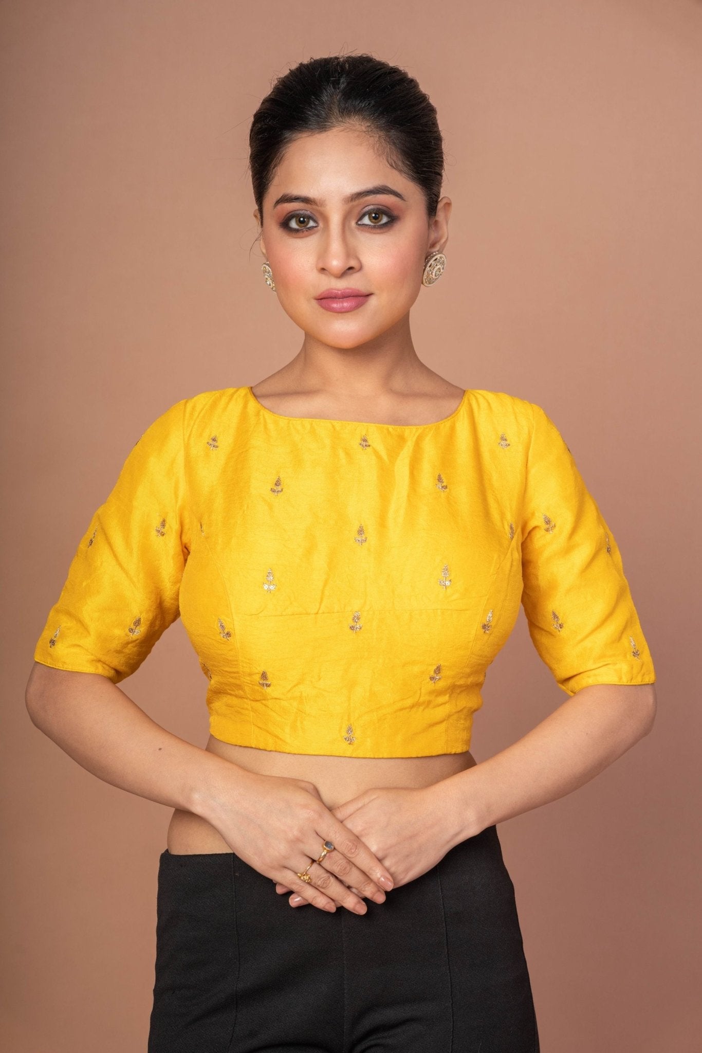 Yellow Raw Silk Blouse With Boat Neckline and Gold Floral Work - Anvi Couture