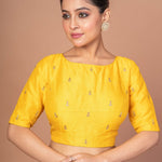 Yellow Raw Silk Blouse With Boat Neckline and Gold Floral Work - Anvi Couture