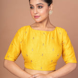 Yellow Raw Silk Blouse With Boat Neckline and Gold Floral Work - Anvi Couture