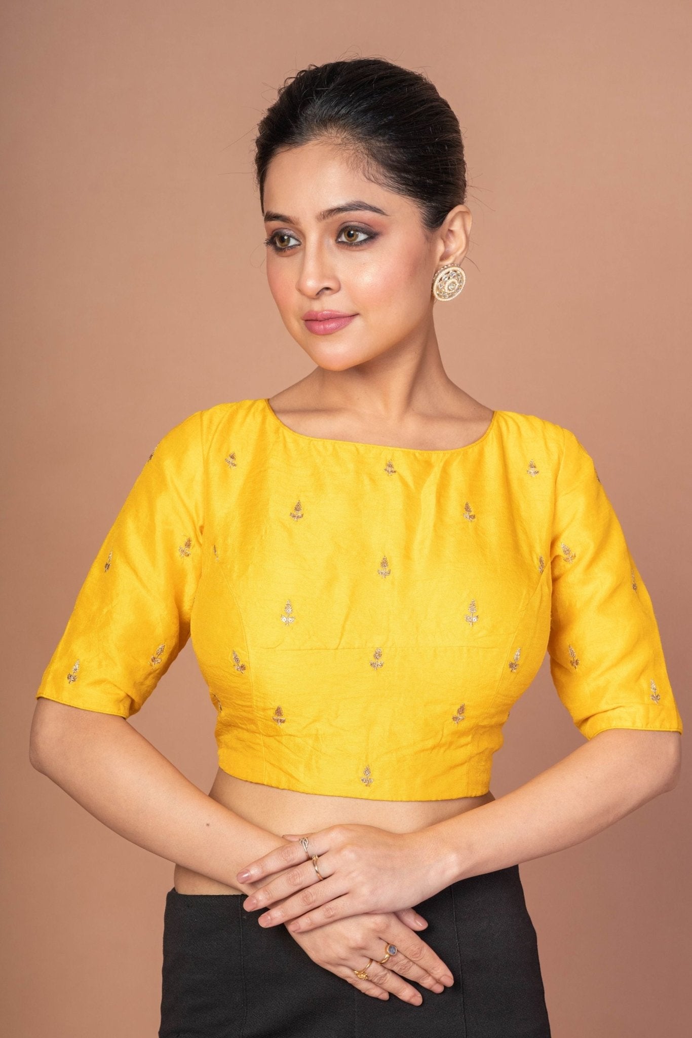 Yellow Raw Silk Blouse With Boat Neckline and Gold Floral Work - Anvi Couture