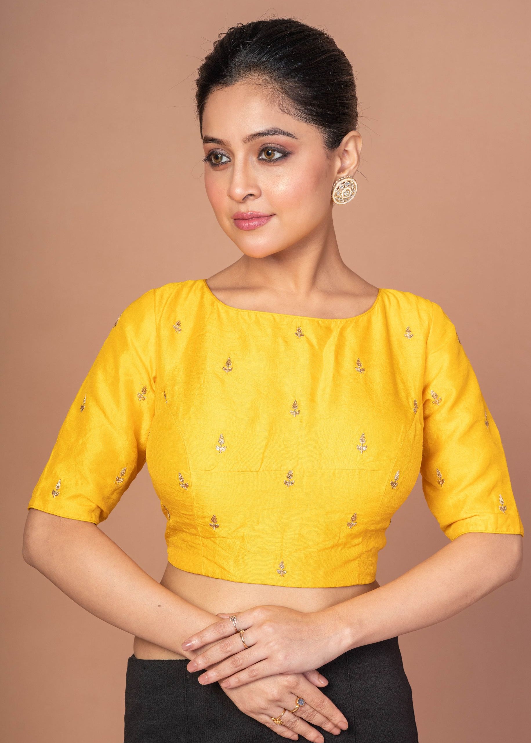  Yellow Raw Silk Blouse With Boat Neckline and Gold Floral Work img 3