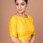 Yellow Raw Silk Blouse With Boat Neckline and Gold Floral Work - Anvi Couture