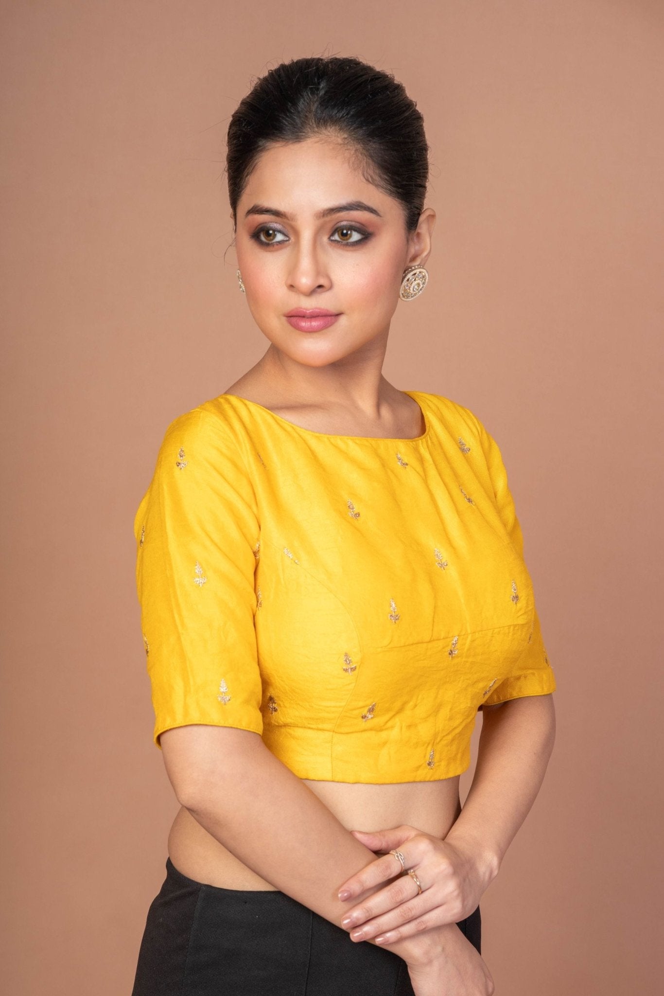 Yellow Raw Silk Blouse With Boat Neckline and Gold Floral Work - Anvi Couture