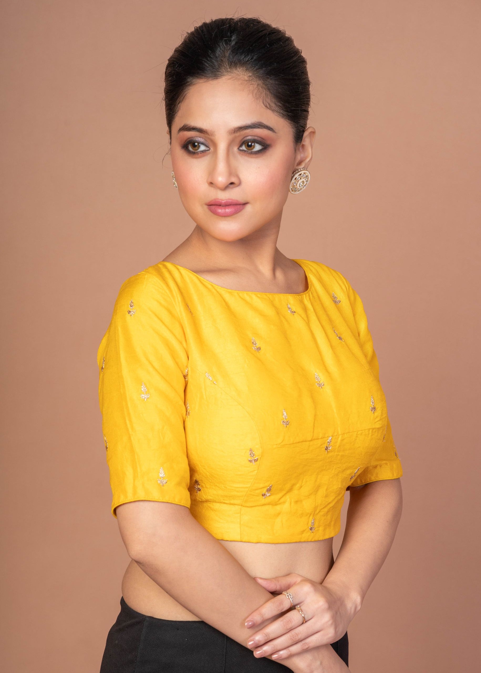  Yellow Raw Silk Blouse With Boat Neckline and Gold Floral Work img 2