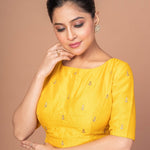 Yellow Raw Silk Blouse With Boat Neckline and Gold Floral Work - Anvi Couture