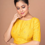 Yellow Raw Silk Blouse With Boat Neckline and Gold Floral Work - Anvi Couture