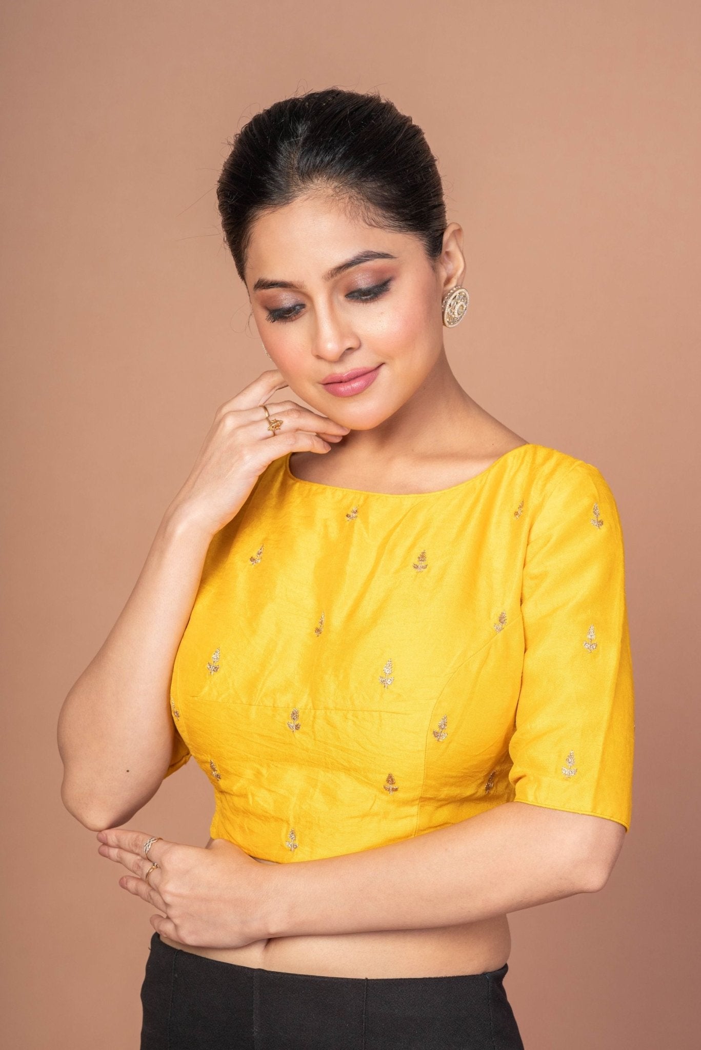 Yellow Raw Silk Blouse With Boat Neckline and Gold Floral Work - Anvi Couture