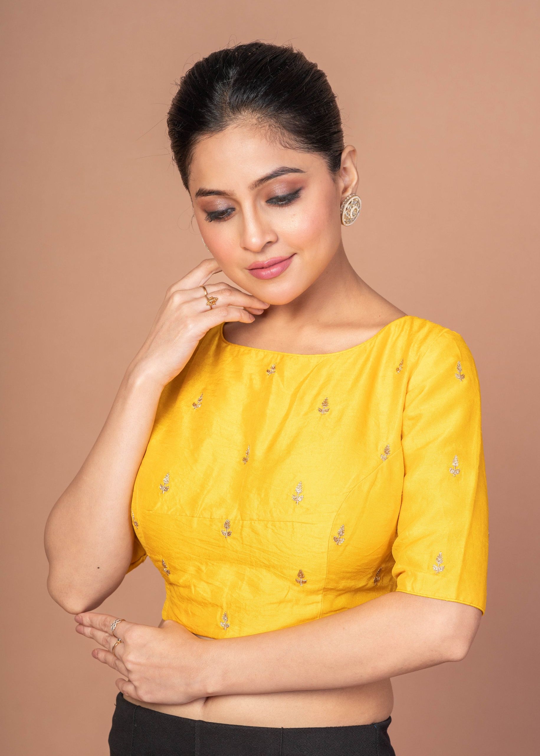  Yellow Raw Silk Blouse With Boat Neckline and Gold Floral Work img 5