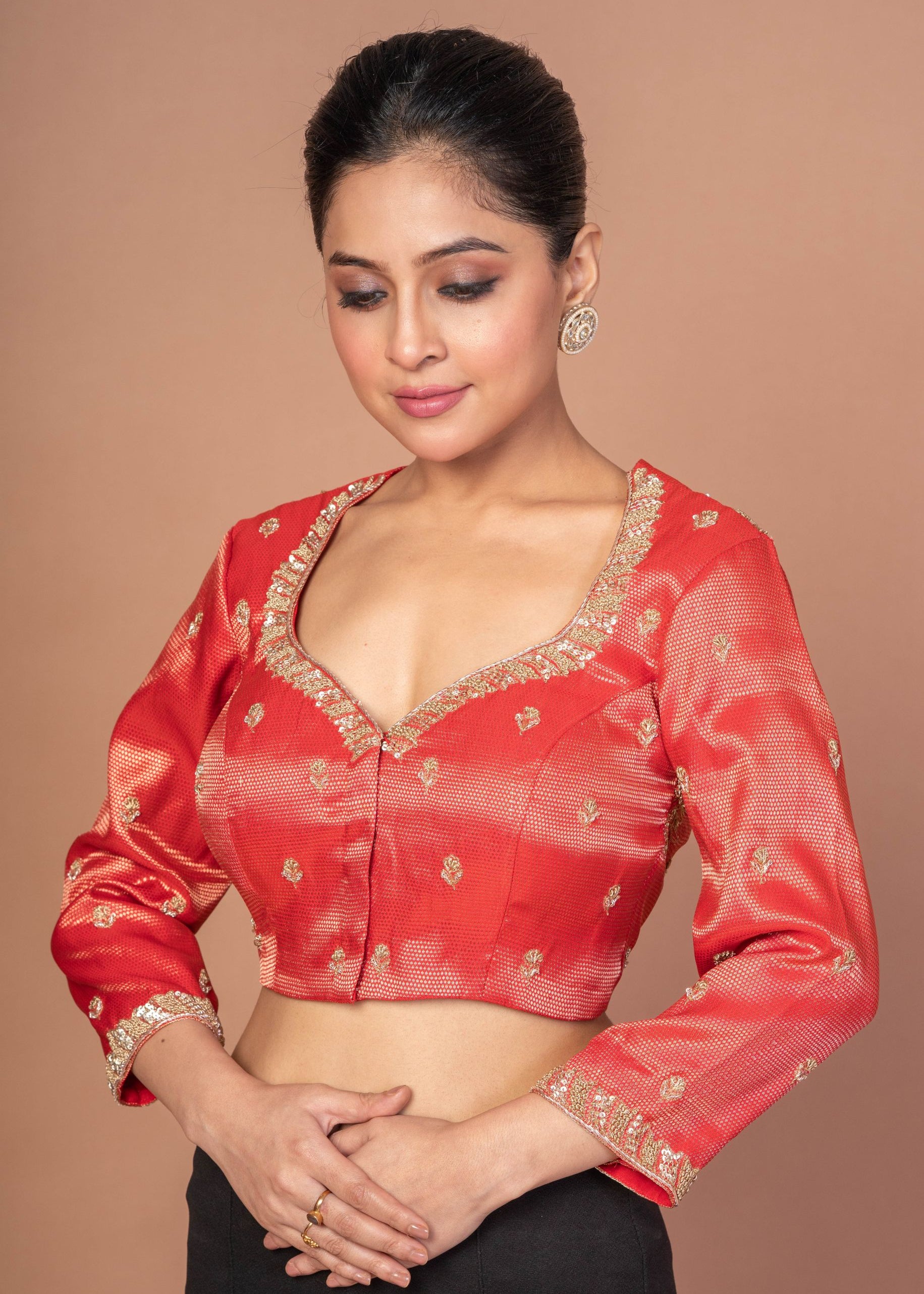  Red Tissue Blouse with Hand Embroidered Work
img 2