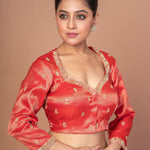 Red Tissue Blouse with Hand Embroidered Work - Anvi Couture