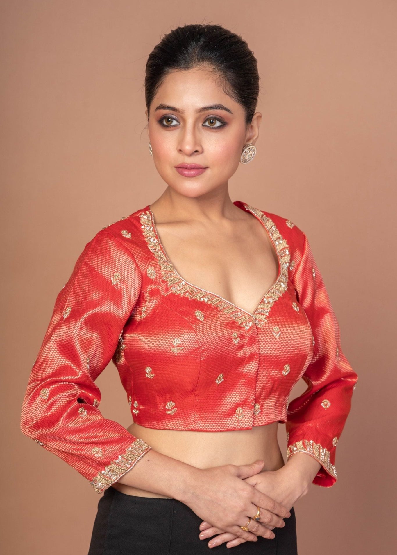 Red Tissue Blouse with Hand Embroidered Work - Anvi Couture