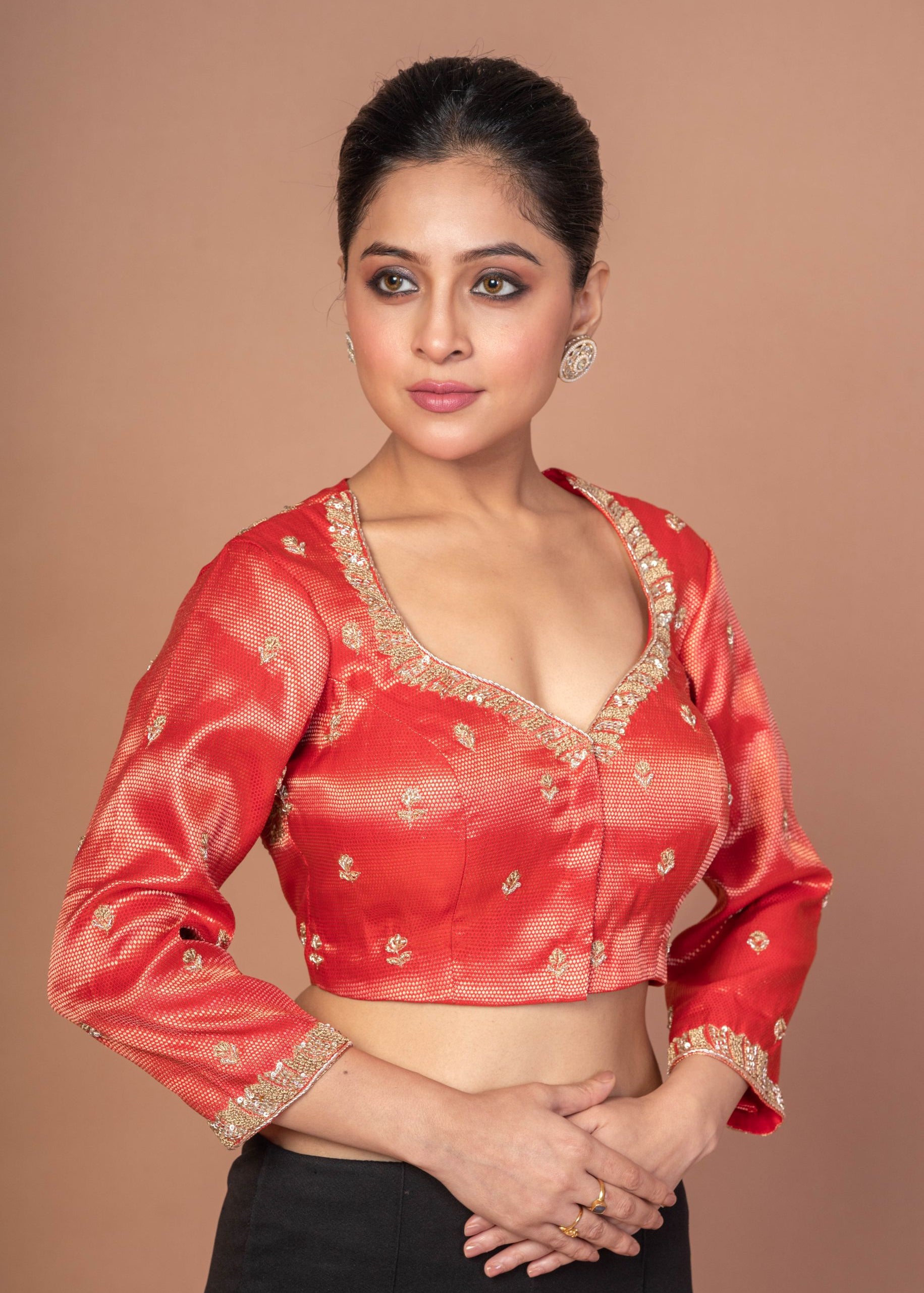 Red Tissue Blouse with Hand Embroidered Work
img 4